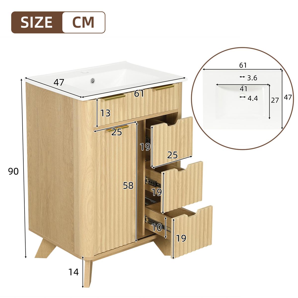 WASCHTISCHUNTERSCHRANK Holzoptik mit Wellenmuster, Schiebetür & 3 Schubladen - Naturfarben, Holzwerkstoff (61/90/47cm) - Urban Meuble