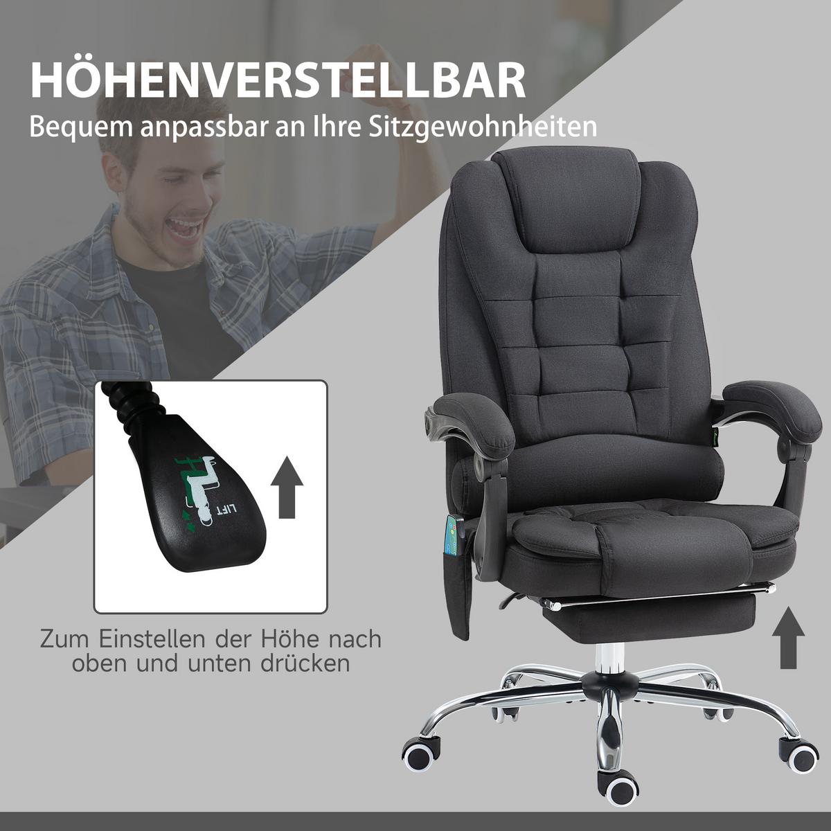 CHEFSESSEL mit Massagefunktion, Schreibtischstuhl mit Liege- & Wärmefunktion - Silberfarben/Schwarz, Kunststoff/Textil (70/119/65cm) - Vinsetto