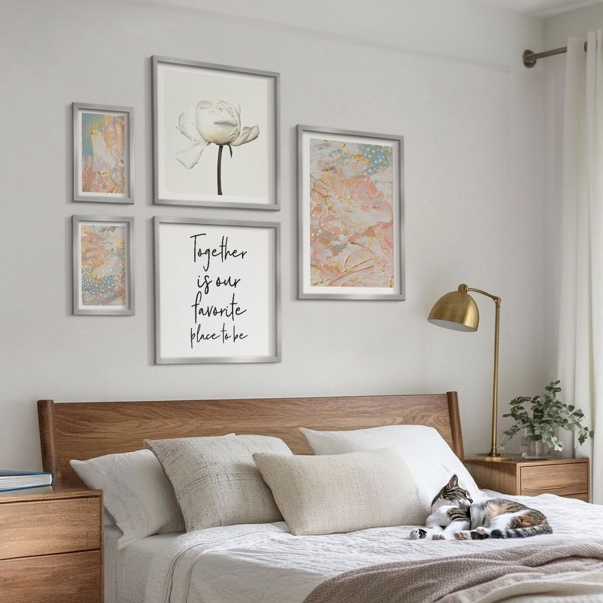 BILDER SET 5er Set - 50x50 cm & 20x30 cm & 40x60 cm Silberner Rahmen - Abstrakte Pastellmuster - Silberfarben, Kunststoff (40/60cm) - TULUP