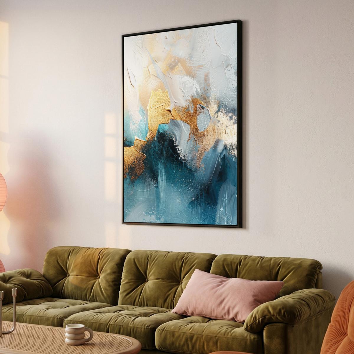 LEINWAND Bilder mit Rahmen - Abstrakt - Kunst - Gold - Blau - 80x120 - Petrol, Textil (80/120cm) - MuchoWow