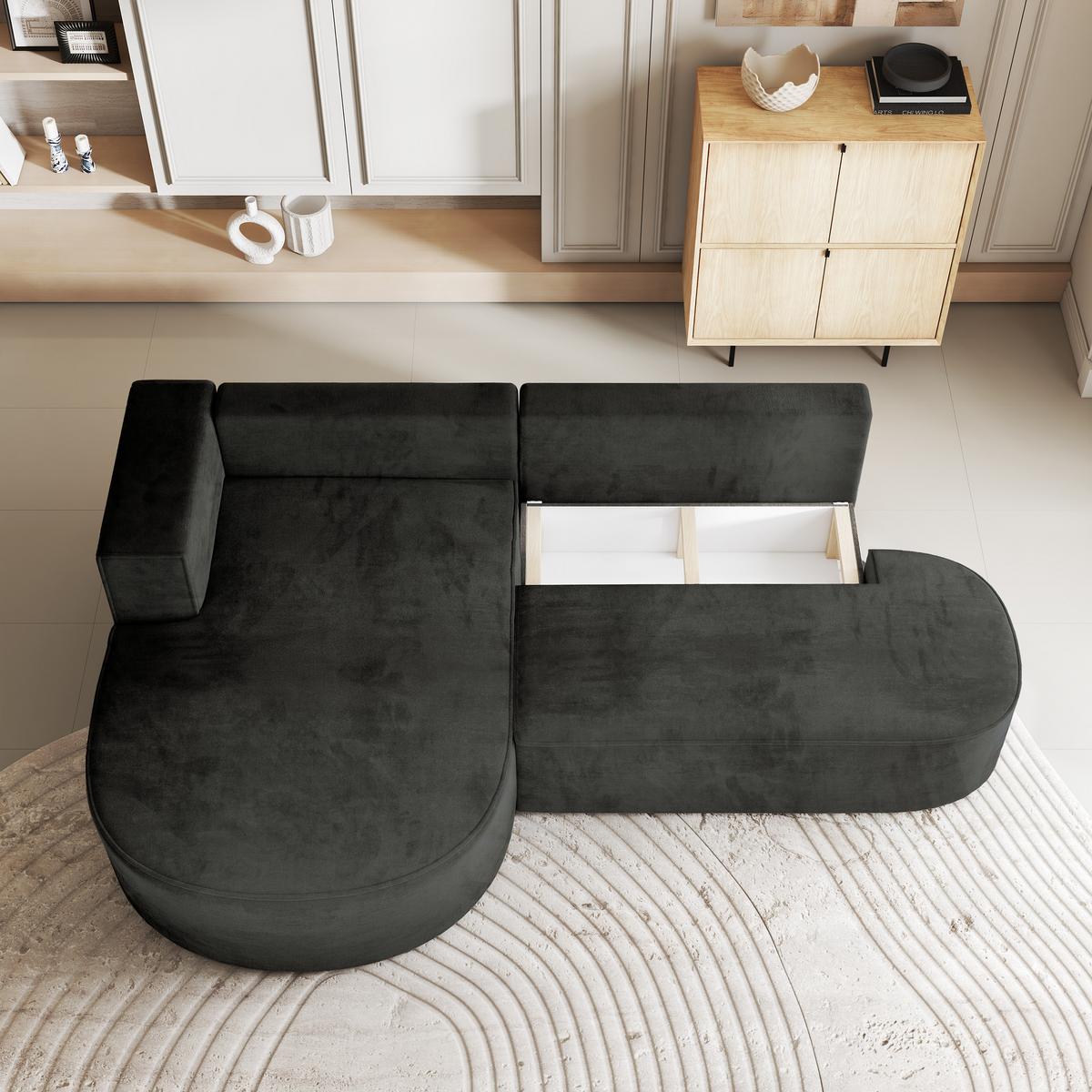 ECKSOFA CORTIO M L-S Schwarz Velours-Stoff mit Schlaffunktion - Schwarz/Grau, Holz/Kunststoff (265/174cm) - MASSENO
