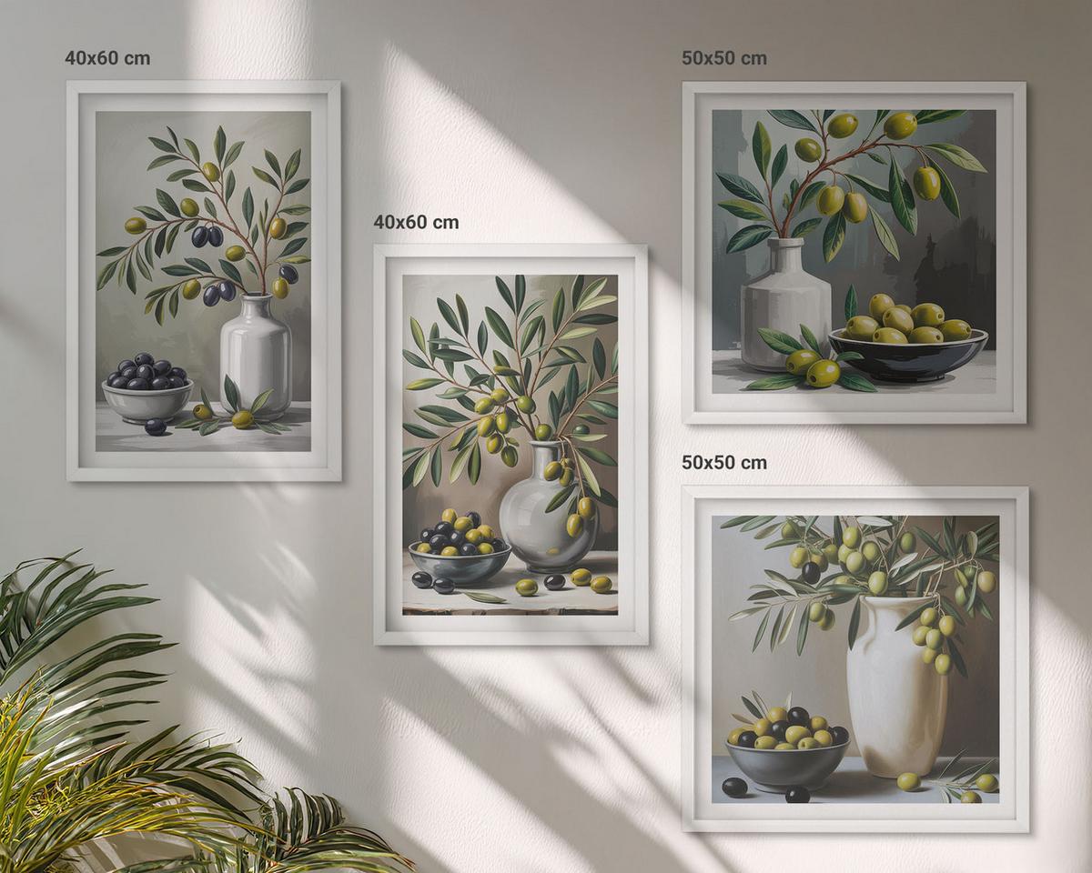 BILDER SET 4er Set - 50x50 cm & 40x60 cm Weißer Rahmen - Oliven in Keramikgrau - Weiß, Kunststoff (50/50cm) - TULUP