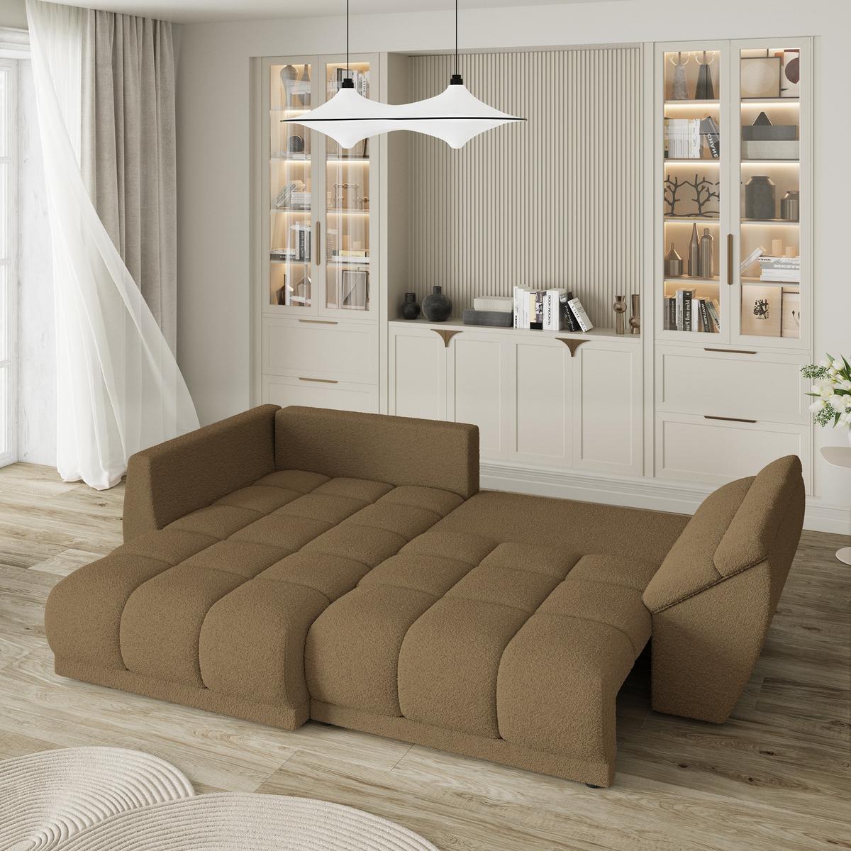 ECKSOFA ORENTI L-S Orange Boucle-Stoff mit Schlaffunktion - Orange, Holz (287/182cm) - MASSENO