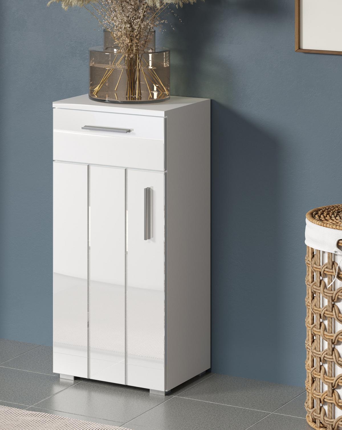 KOMMODE weiß Hochglanz 37 x 83 cm, Badschrank in modernem Design - Weiß Hochglanz/Silberfarben, Holzwerkstoff/Kunststoff (37/83/31cm) - Top.Furn