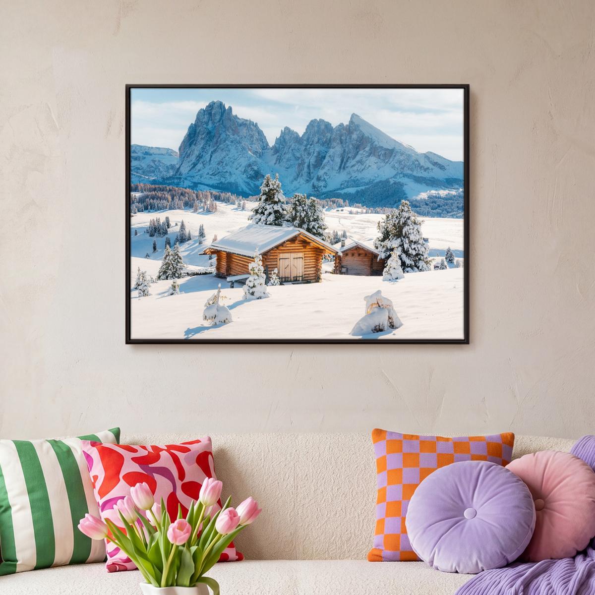 LEINWAND Bilder mit Rahmen - Winter - Hütte - Berge - Aussicht - Schnee - 70x50 - Eichefarben, Textil (70/50cm) - MuchoWow