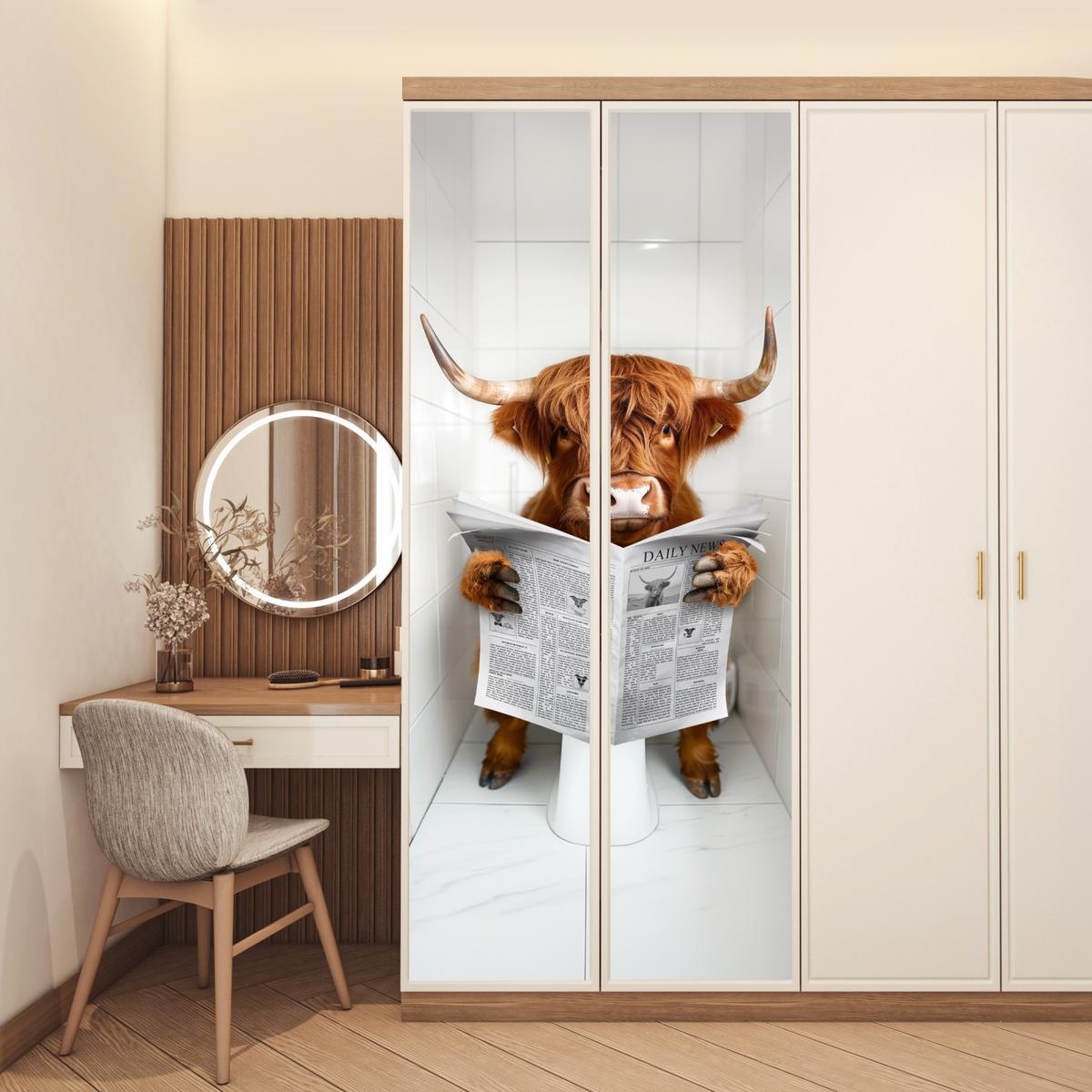 TÜRAUFKLEBER Scottish Highlander - Zeitung - WC - Tier 90x235 cm - Türtapete - Weiß, Kunststoff (90/0.1cm) - MuchoWow