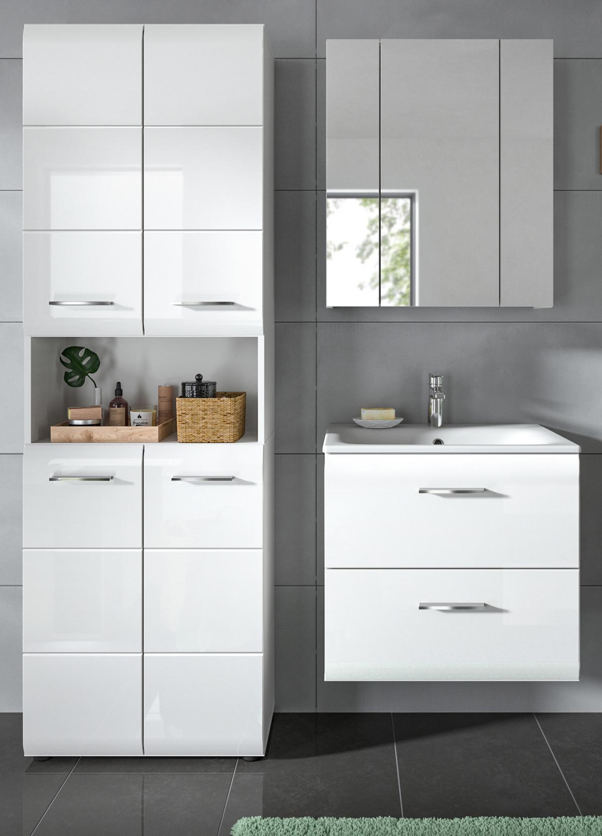 BADMÖBEL SET 3-teilig in weiß Hochglanz Badkombination 135 x 185 cm Cover - Weiß Hochglanz/Schwarz, Holzwerkstoff/Kunststoff (135/185/46cm) - Inn.Furn