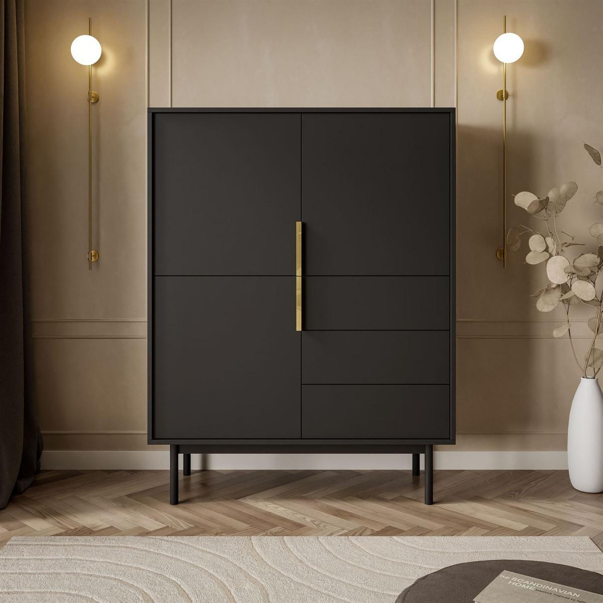 CHEST of drawers MIRACLE 3D3S mit Schubladen dreitrürig Schwarz - Schwarz, Holzwerkstoff (104/134/39cm) - Lookway
