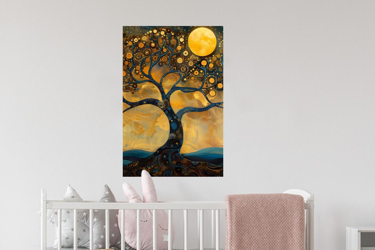 WANDTATTOO Baum - Mond - Blumen - Gold - Kunst Wandbild 40x60 cm - Orange, Kunststoff (40/60/0.1cm) - MuchoWow
