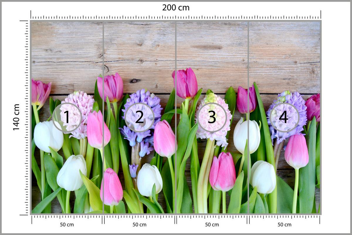FOTOTAPETE für Küche Rosa Tulpen Violette Hyazinthen Holztisch 200x140 - Ecru/Violett, Papier (200/140cm) - Muralo