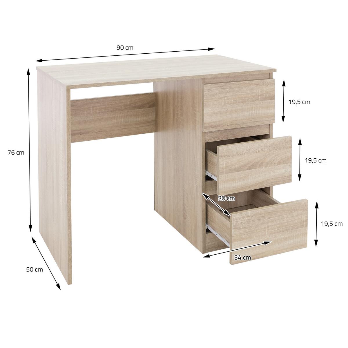 SCHREIBTISCH mit 3 Schubladen 90x76x50 cm Sonoma-Eiche - Braun, Holzwerkstoff (90/50/76cm) - ML-DESIGN