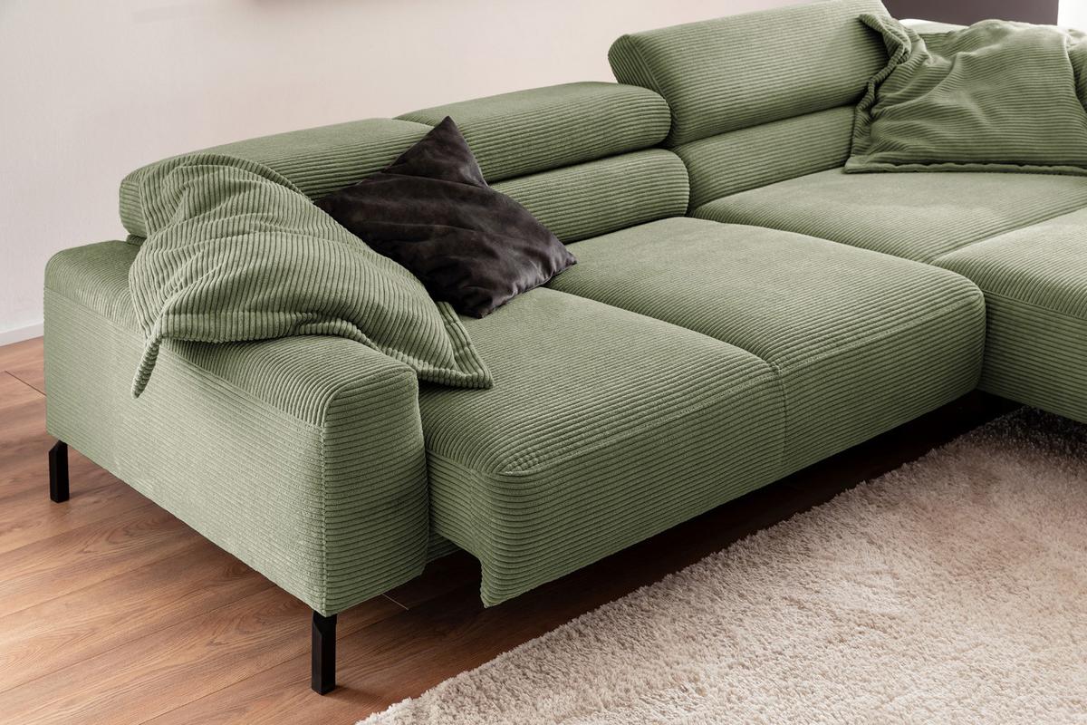 ECKSOFA MIT MOTORISCHEM SITZVORZUG DELIA Grün Cord Relaxfunktion - Schwarz/Olivgrün, Textil/Metall (312/219cm) - KAWOLA