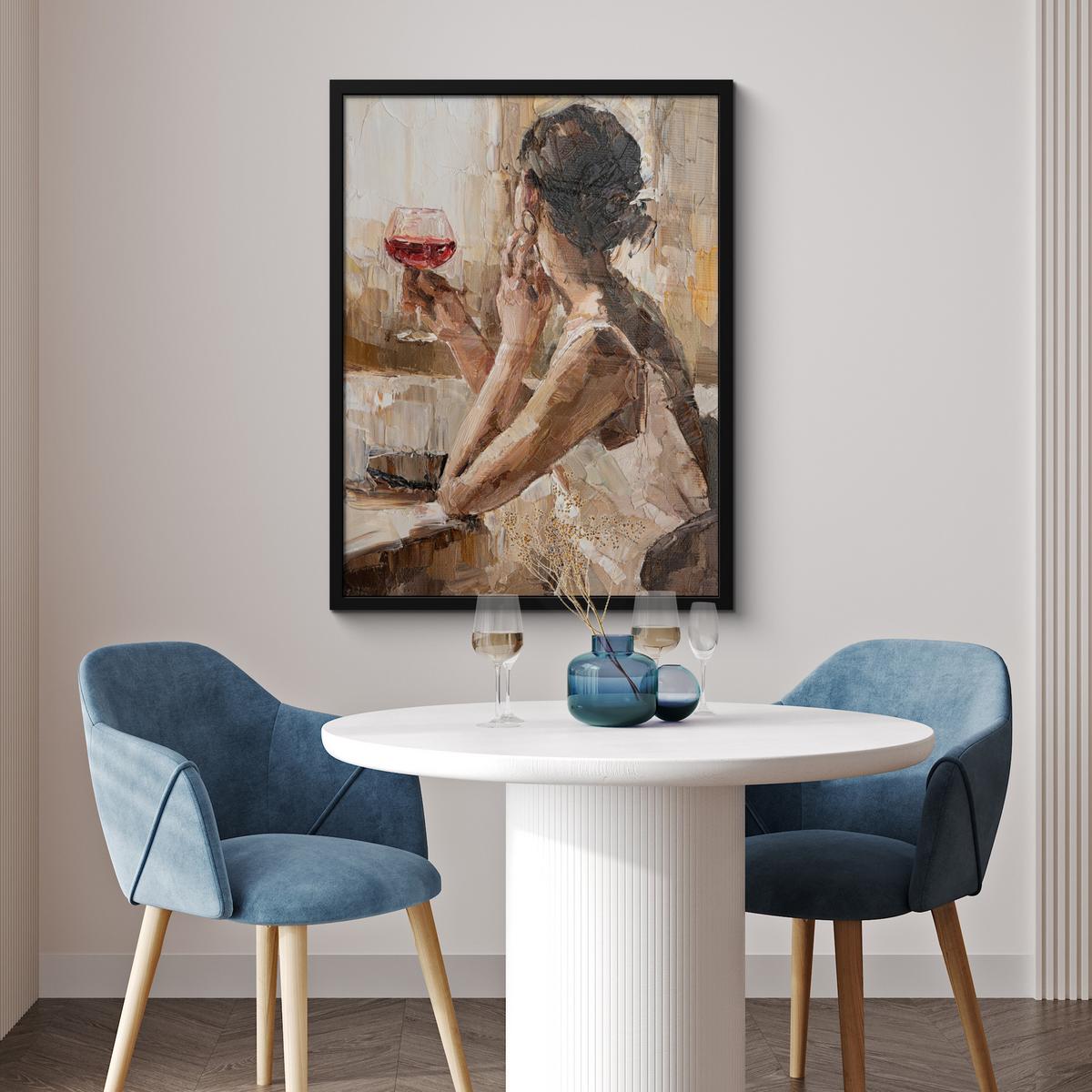 POSTER MIT RAHMEN Ölgemälde - Frau - Wein Posterleiste 60x80 cm - Hellbraun, Papier (60/80cm) - MuchoWow