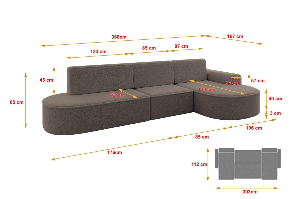 ECKSOFA mit Schlaffunktion Ottomane RECHTS MARI L2-S 368X167X85 Braun Bouclé - Schwarz/Braun, Holzwerkstoff/Kunststoff (167/368cm) - ALTDECOR