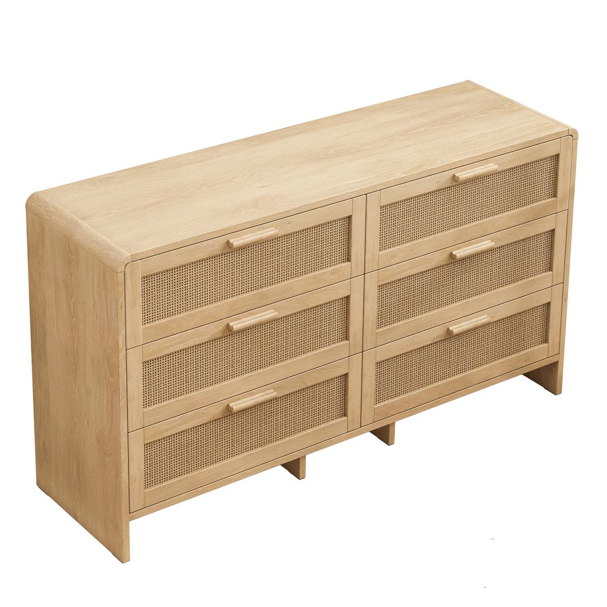 SIDEBOARD holzwerkstoff in natur mit rattan geflecht, abgerundete ecken & 6 schubladen - Naturfarben, Holzwerkstoff (130/74/40cm) - Urban Meuble