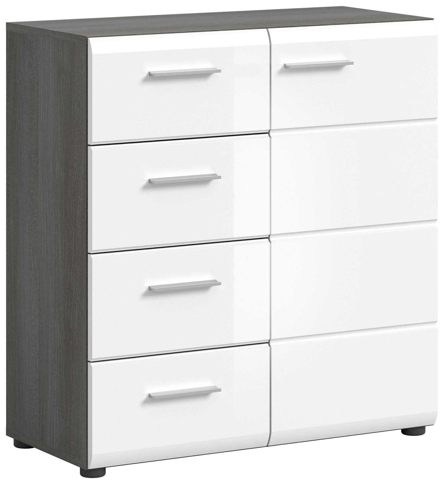 KOMMODE weiß Hochglanz, grau 80 cm, Sideboard mit Schubkästen - Weiß Hochglanz/Silberfarben, Holzwerkstoff/Kunststoff (75/85/37cm) - Inn.Furn