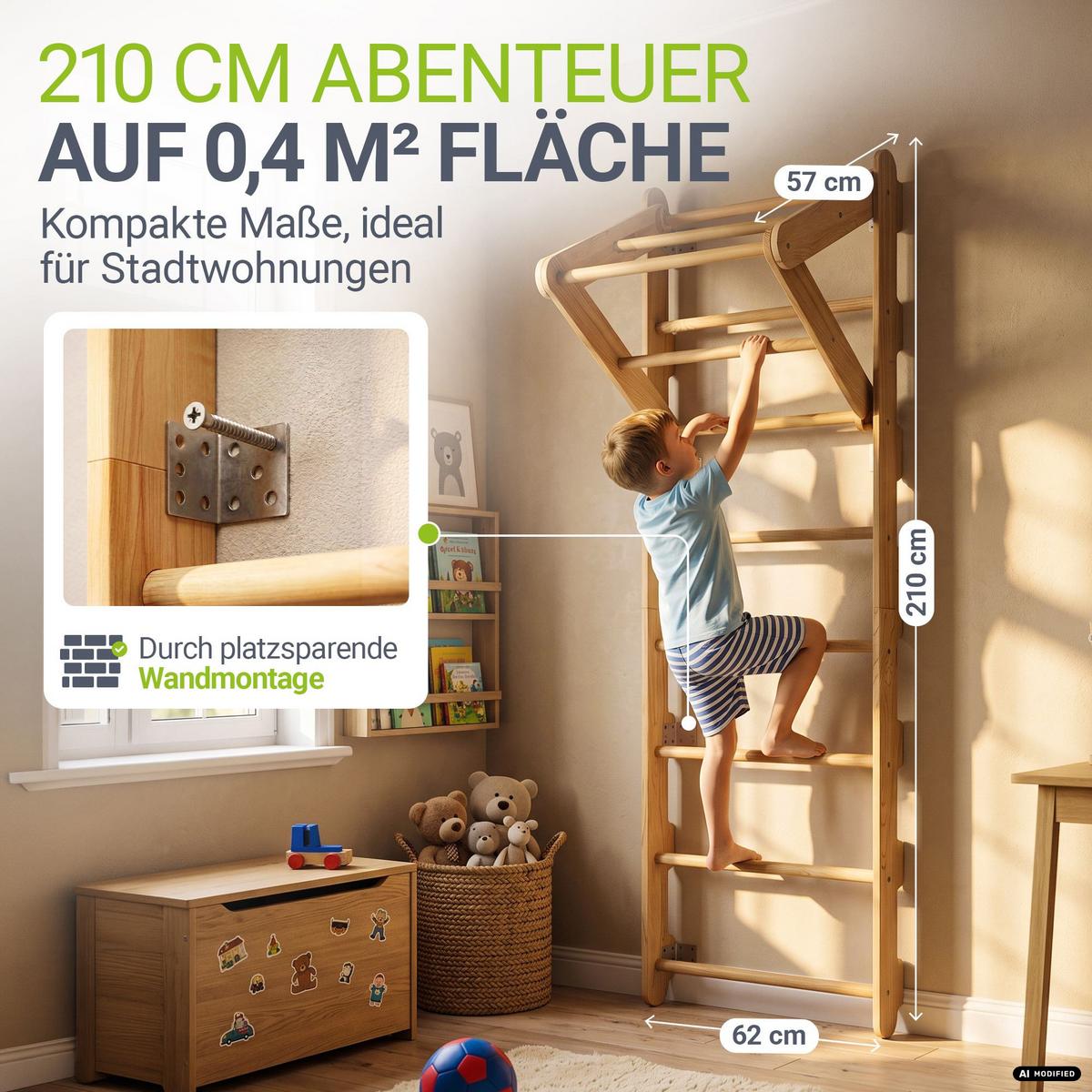 SPROSSENWAND für Kinder mit Turnringen - Naturfarben, Holz (62/57cm) - Juskys