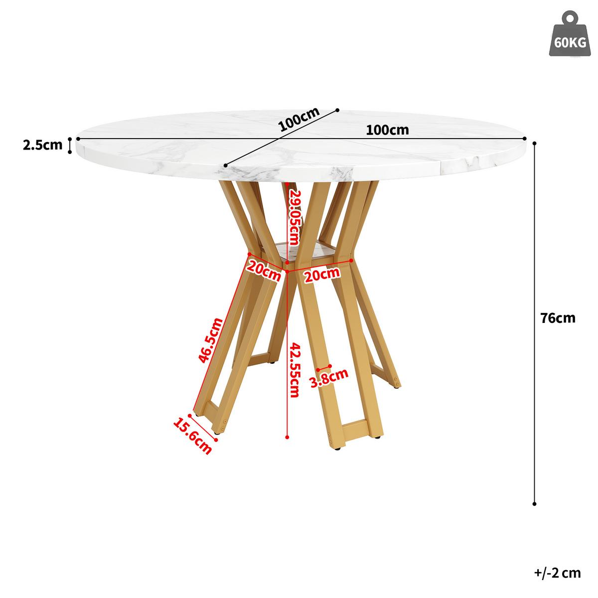 OKRÚHLY JEDÁLENSKÝ STÔL – biely mramorový vzhľad so zlatými nohami - Weiß, Holzwerkstoff/Metall (100/100/76cm) - Urban Meuble