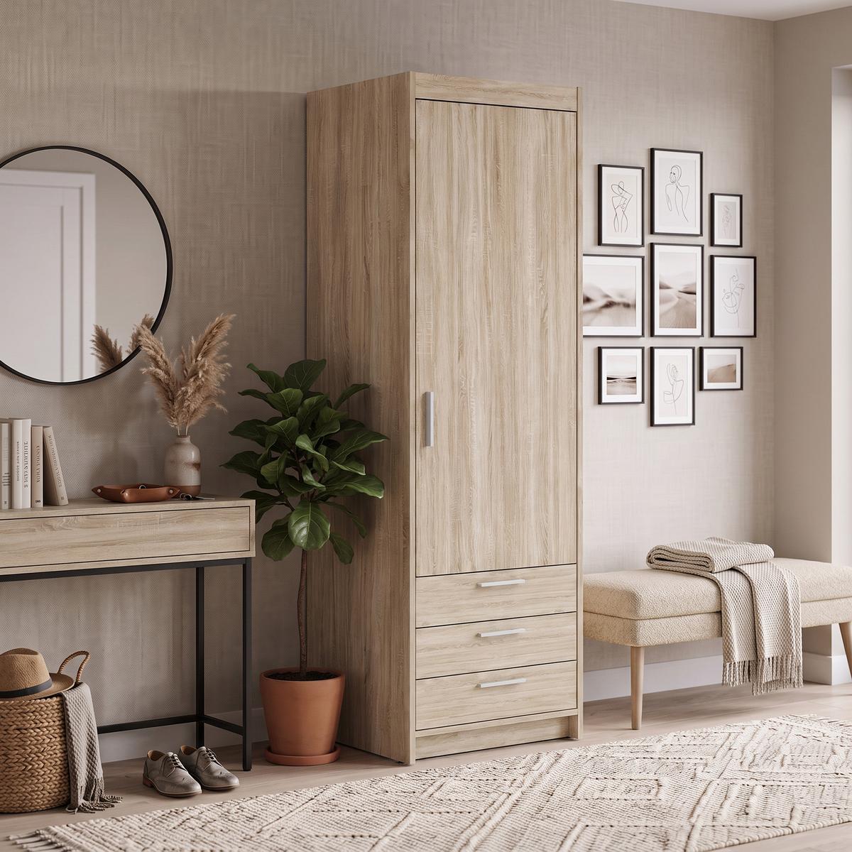 DREHTÜRENSCHRANK Elena mit 1 Tür und 3 Schubladen, Sonoma Eiche - Sonoma Eiche, Holzwerkstoff (60/190/53cm) - Beautysofa