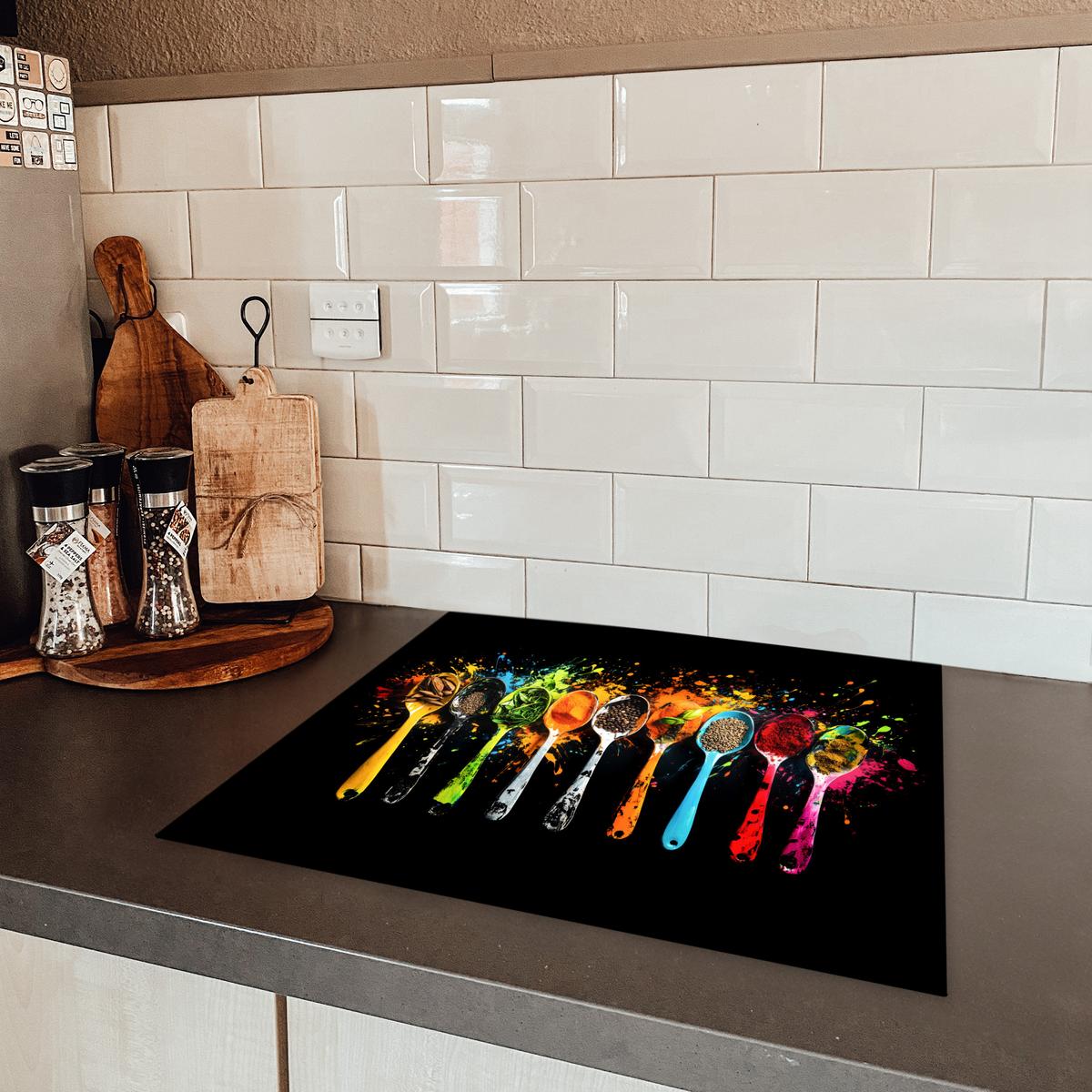 HERDABDECKPLATTE Löffel - Gewürze - Modern - Graffiti - Farbe - Farbenfroh Abdeckung Ceranfeld 57.6x51.6 cm - Multicolor, Kunststoff (57.6/51.6/0.2cm) - MuchoWow
