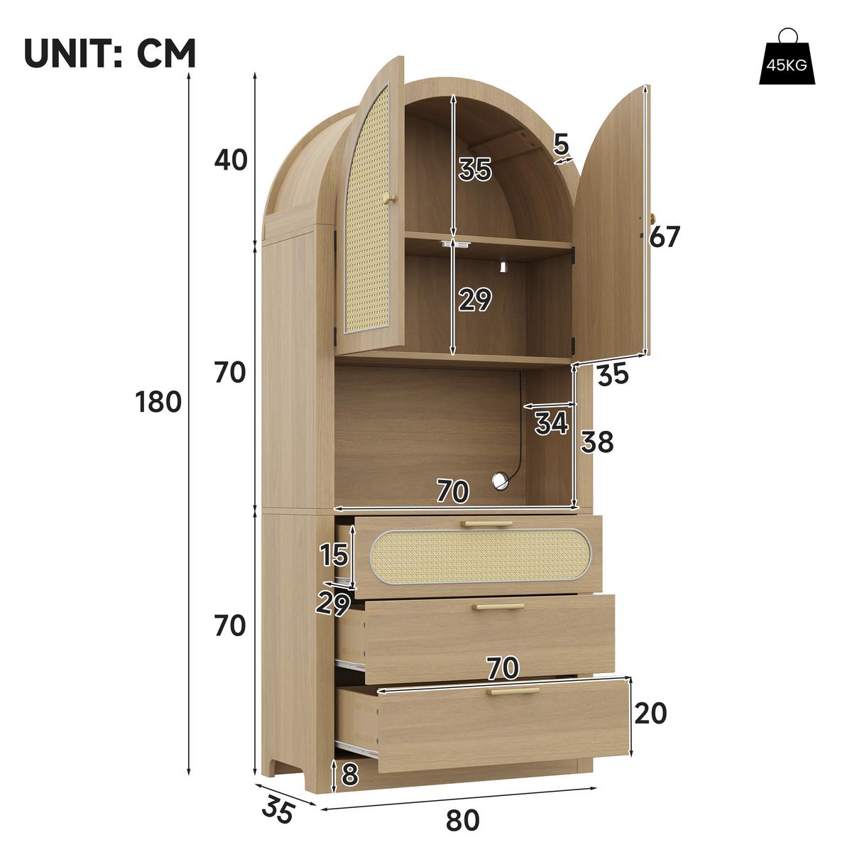 HIGHBOARD in heller Eiche-Optik mit Rattantüren, mit LED-Beleuchtung und viel Stauraum - Naturfarben, Holzwerkstoff (80/180/35cm) - Urban Meuble
