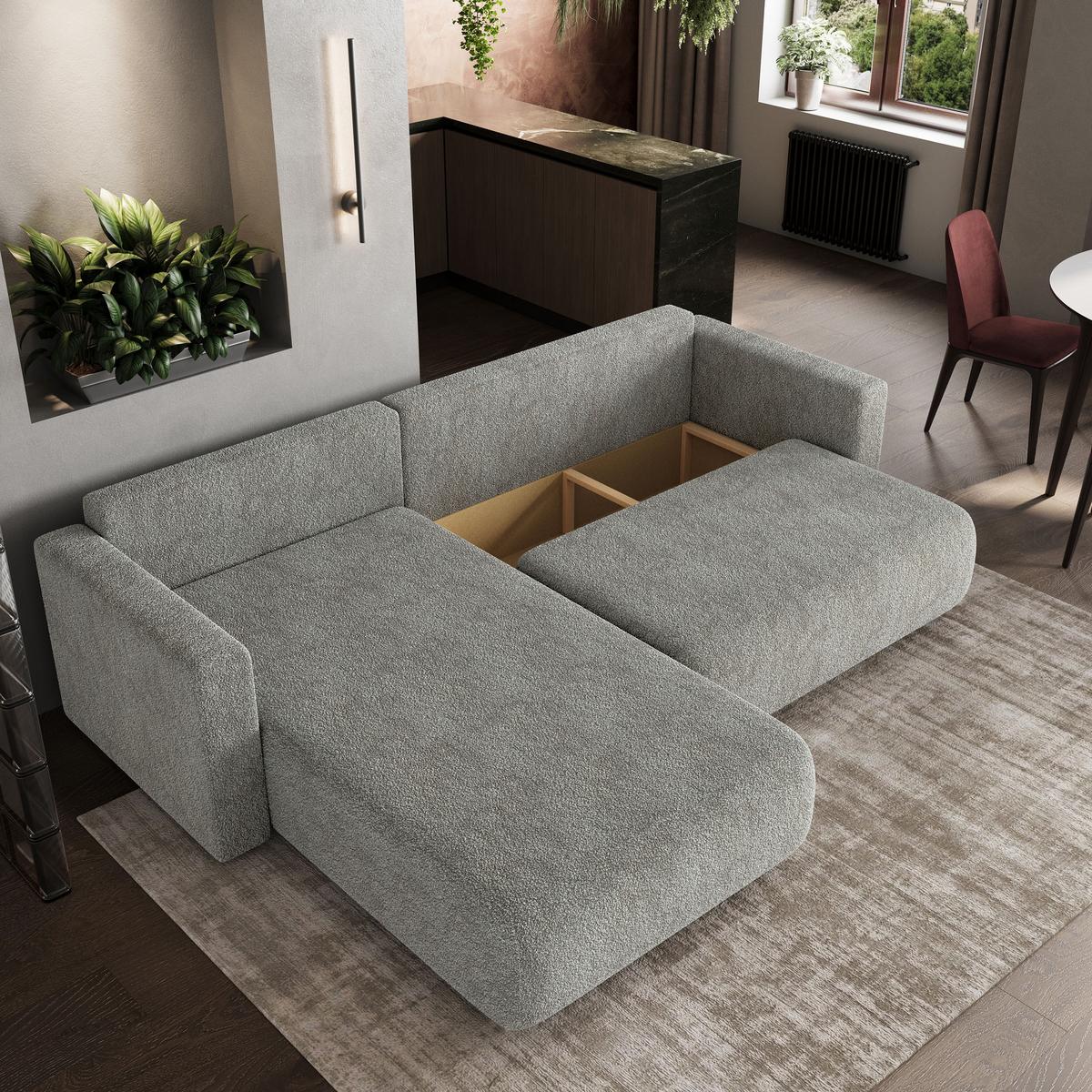 ECKSOFA TURIN N Hellgrau Bucle-Stoff mit Schlaffunktion - Hellgrau/Grau, Holz/Kunststoff (265/183cm) - MASSENO