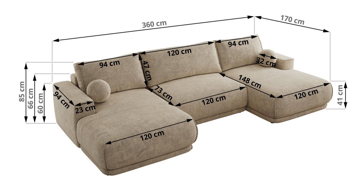 WOHNLANDSCHAFT RINA U Beige Schenille grob gewebt - Beige/Schwarz, Kunststoff/Textil (360/85/170cm) - MKS