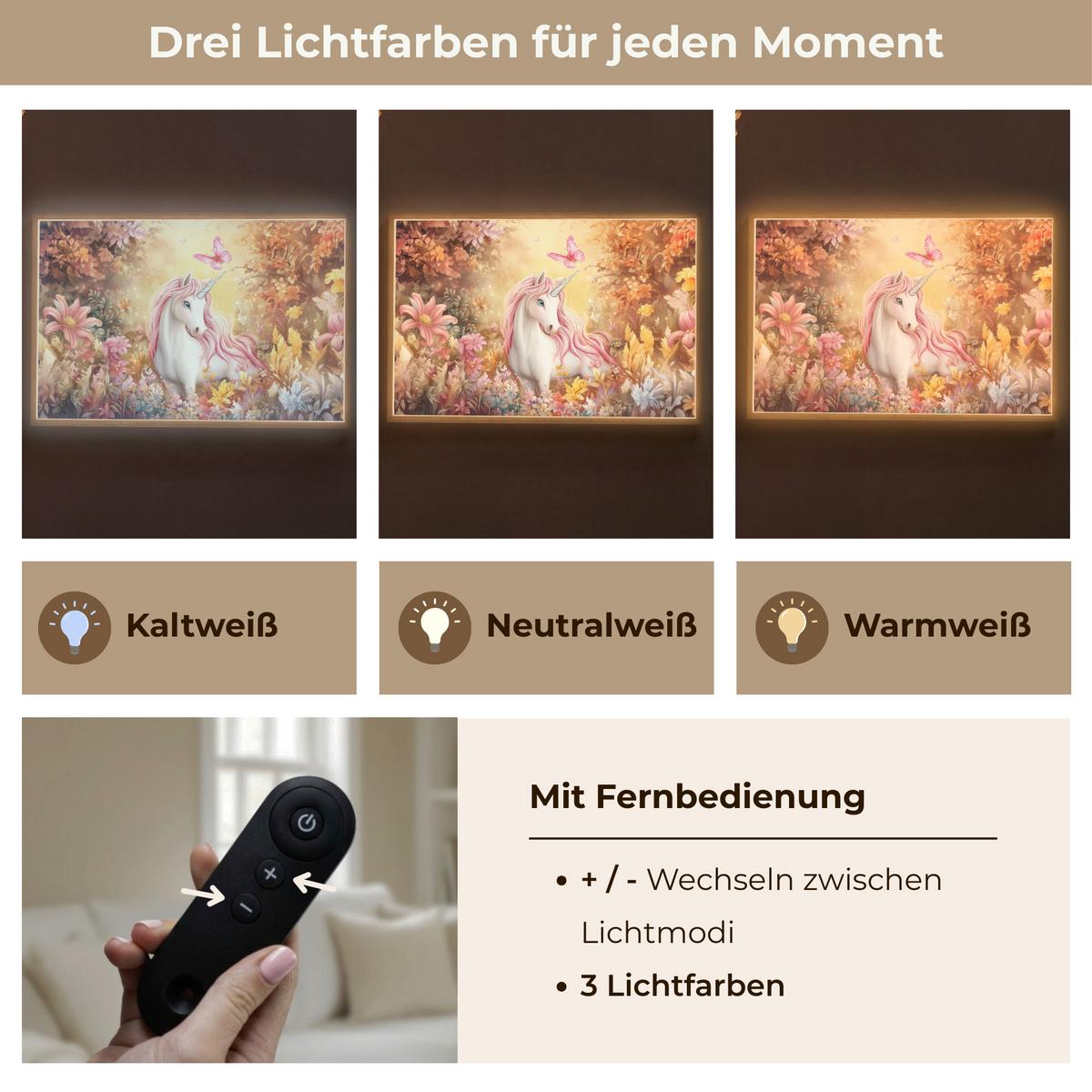 WANDLEUCHTE MIT AKKU Einhorn - Blumen - Schmetterling - Rosa 100x70 cm - Beige, Holzwerkstoff (100/70/8cm) - OnlyWow