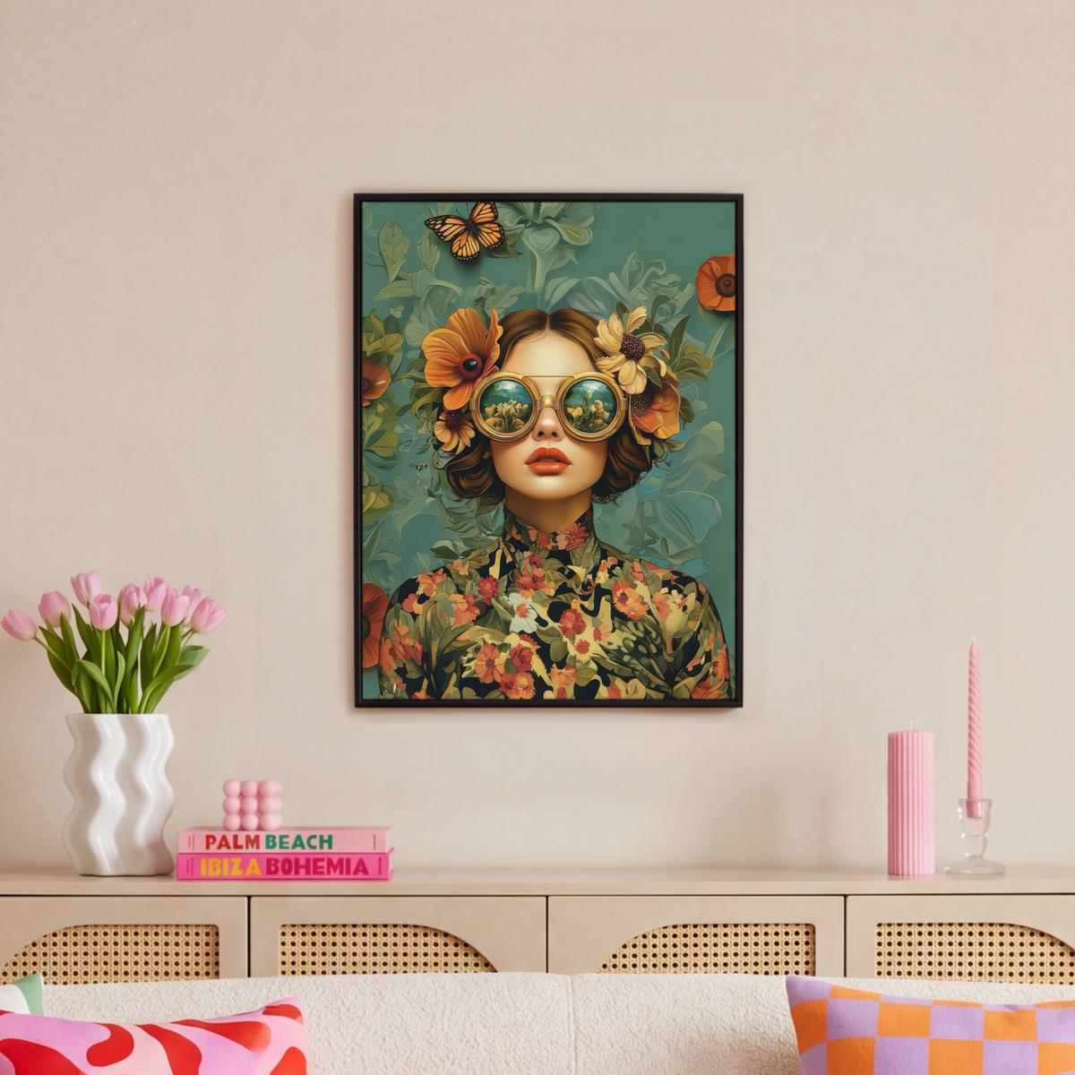LEINWAND Bilder mit Rahmen - Frau - Blumen - Schmetterlinge - Natur - Vintage - 50x70 - Salbeigrün, Textil (50/70cm) - MuchoWow