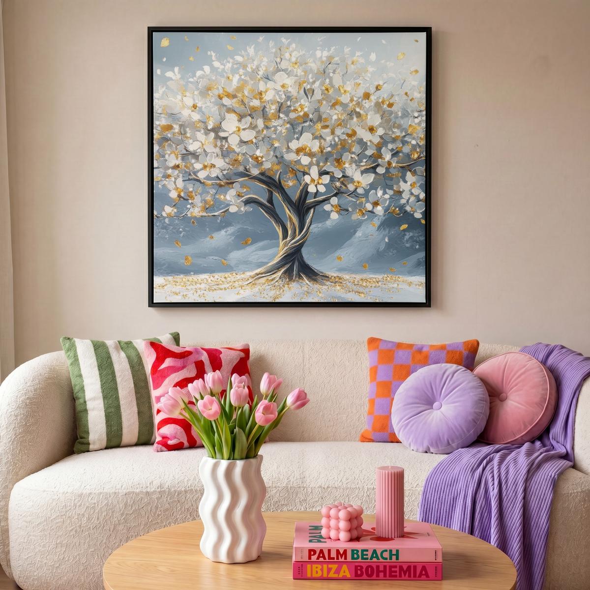 LEINWAND Bilder mit Rahmen - Baum - Winter - Baum des Lebens - Modern - Gold - 90x90 - Goldfarben, Textil (90/90cm) - MuchoWow