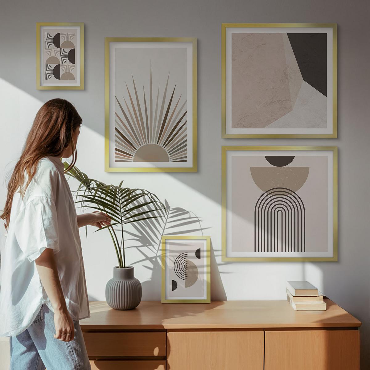 BILDER SET 5er Set - 50x50 cm & 20x30 cm & 40x60 cm Goldrahmen - Abstrakte beige und braune Formen - Goldfarben, Kunststoff (40/60cm) - TULUP