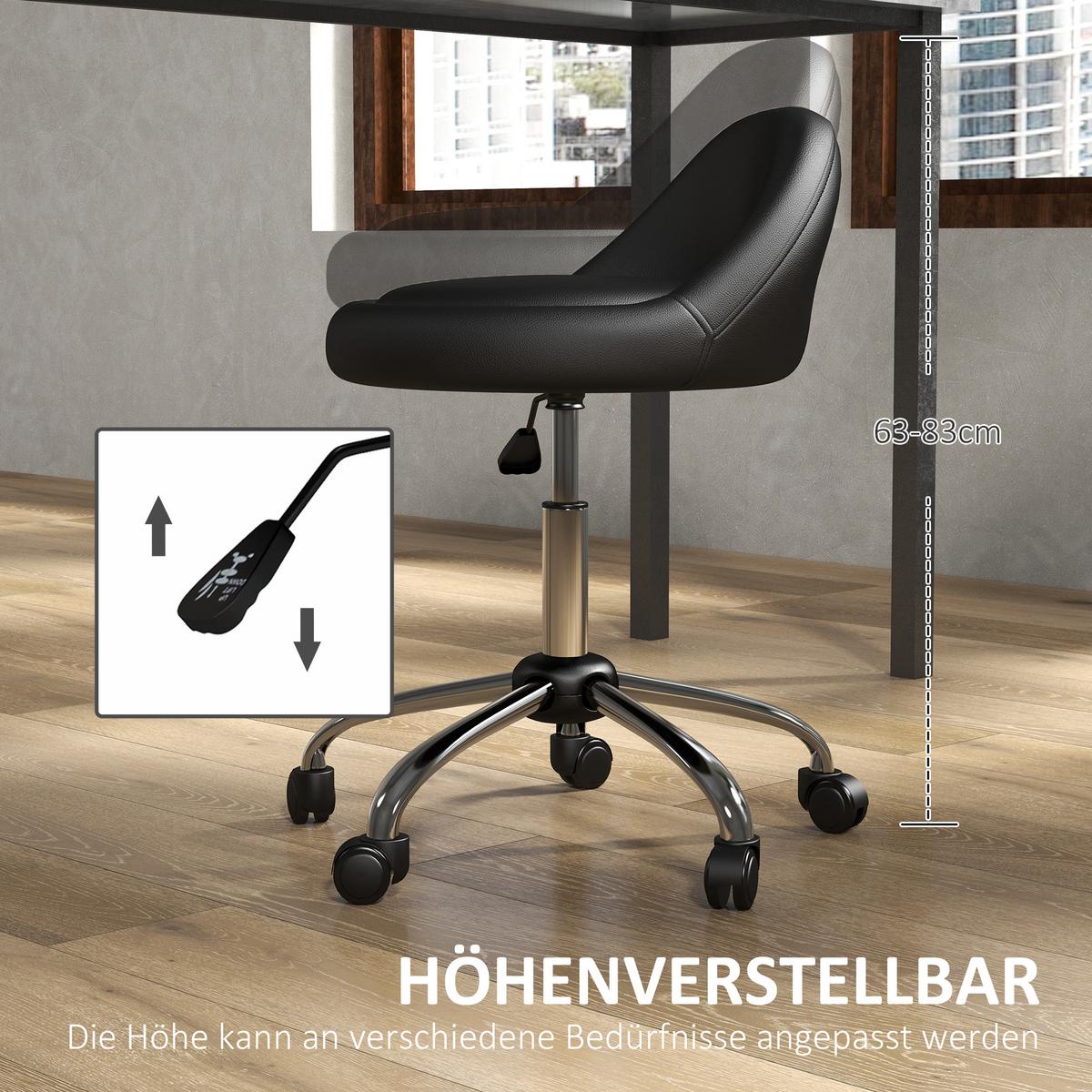 ROLLHOCKER Höhenverstellbarer Arbeitshocker 63-83 cm Drehhocker mit Rädern - Schwarz, Leder (35/83/35cm) - HOMCOM