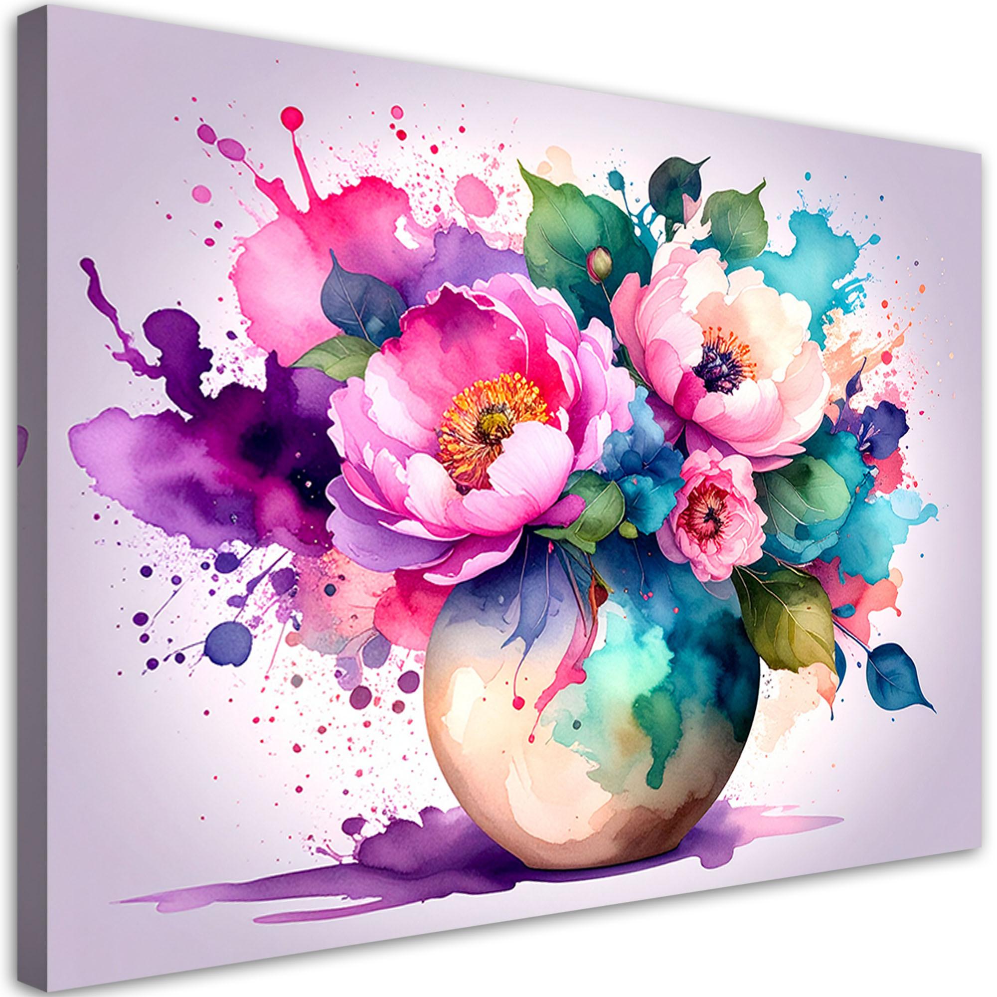 LEINWANDBILD Strauß bunte Blumen Aquarell 100x70cm - Multicolor, Textil (100/70cm) - Feeby