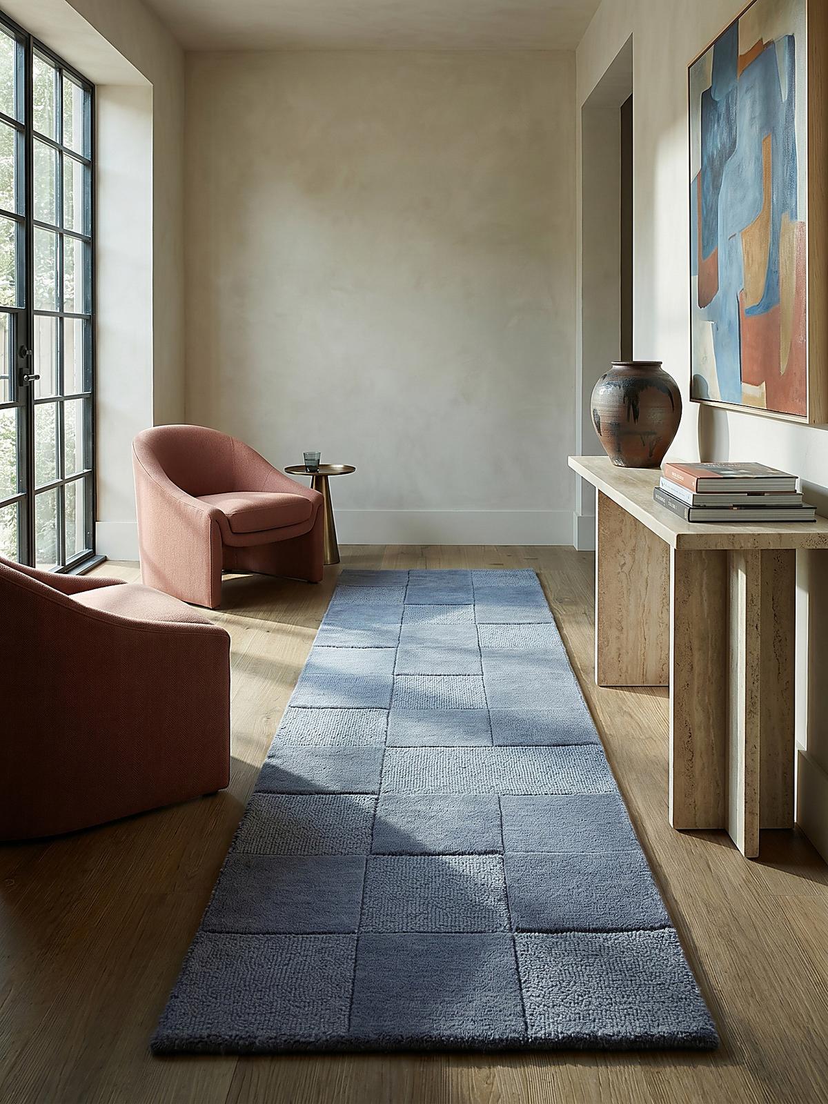 WOLLTEPPICH DEBEN, mit Schachbrettmuster, Blau, 60 x 230 cm - Blau, Textil (60/230cm) - KADIMA DESIGN