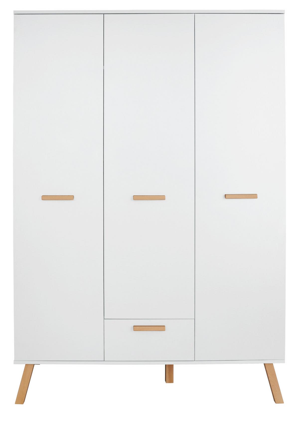 KLEIDERSCHRANK weiß matt mit Buche massiv, 3-türig 130 x 190 cm für Baby- und Kinderzimmer - Eichefarben/Buchefarben, Holz/Holzwerkstoff (60/190/130cm) - Top.Furn