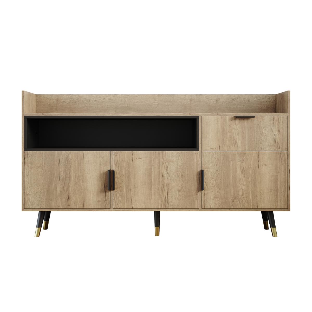 SIDEBOARD 160 cm Naturholz & Schwarz mit offenem Regal, Schublade & Türen im modernen Stil - Naturfarben, Holzwerkstoff (160/82/35cm) - Urban Meuble