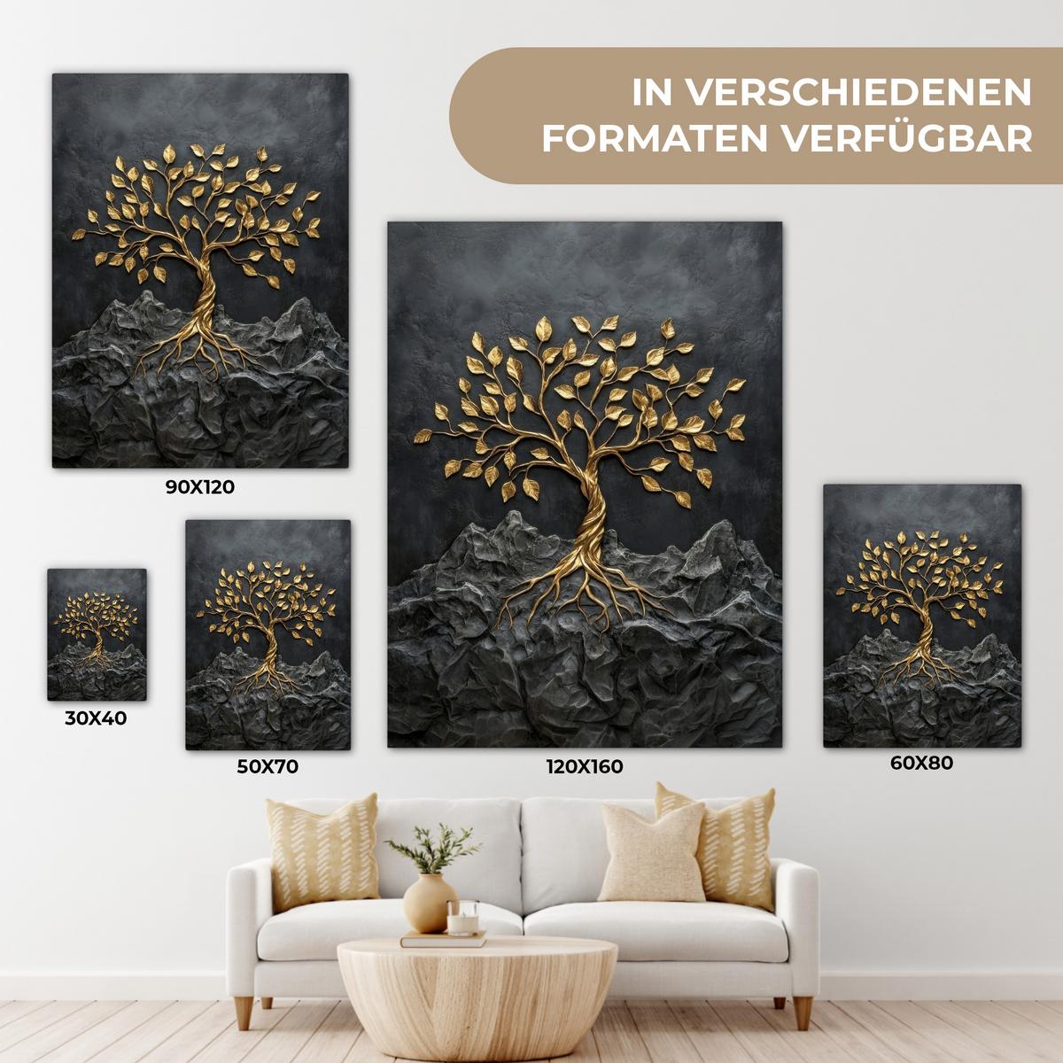 LEINWANDBILD Blätter - Gold - Baum - Fels Room Decor 30x40 cm - Schwarz, Textil (30/40cm) - MuchoWow