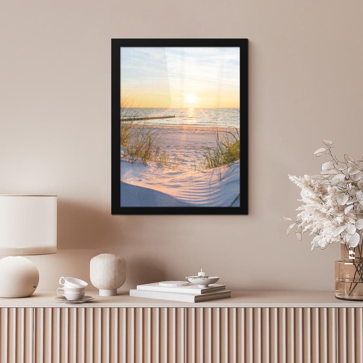 POSTER MIT RAHMEN Strand - Sonne - Düne - Gras - Sand - Horizont Bilderrahmen 30x40 cm - Hellblau, Papier (30/40cm) - MuchoWow