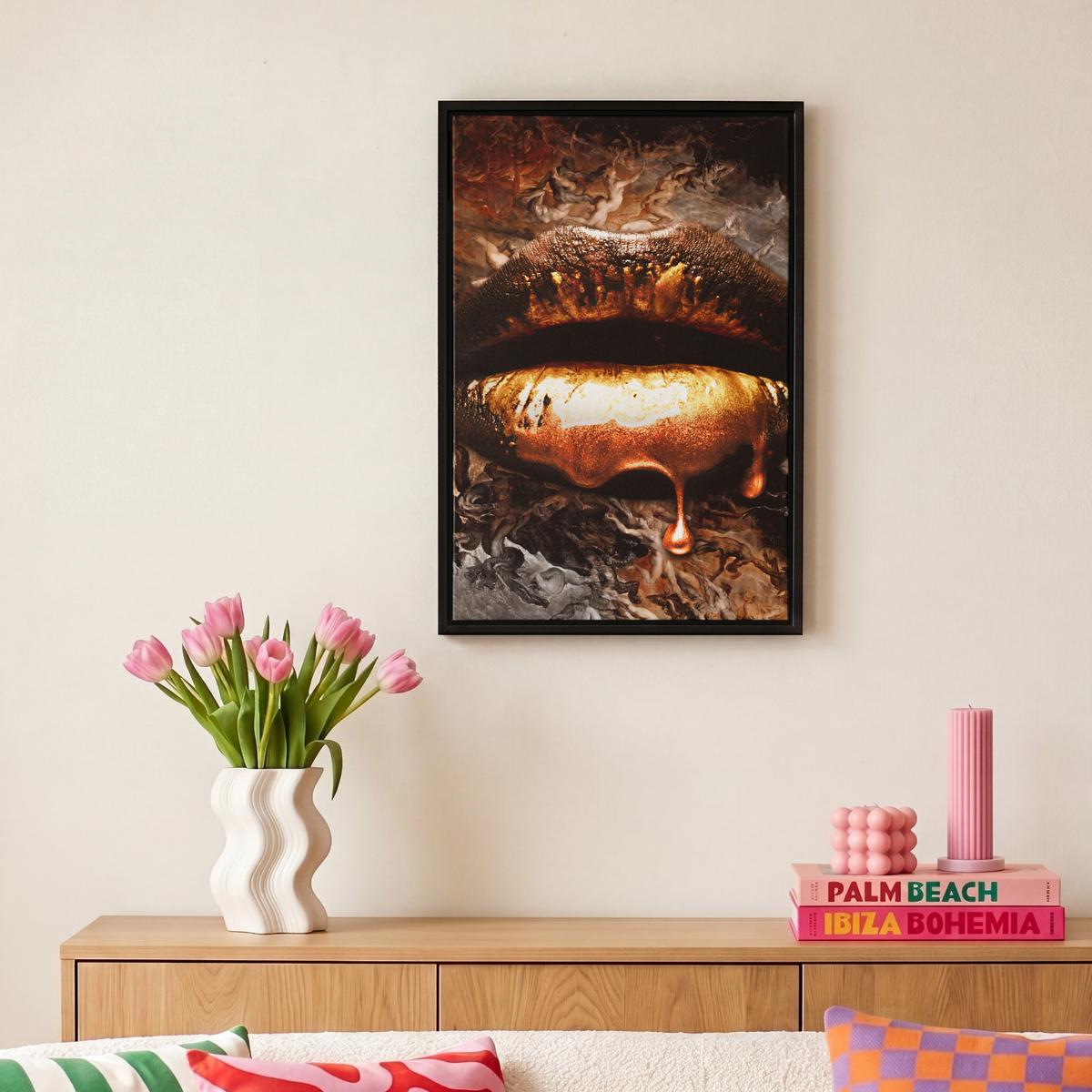 LEINWAND Bilder mit Rahmen - Gold - Lippen - Kunst - Gold - Luxus - Abstrakt - 20x30 - Kupferfarben, Textil (20/30cm) - MuchoWow
