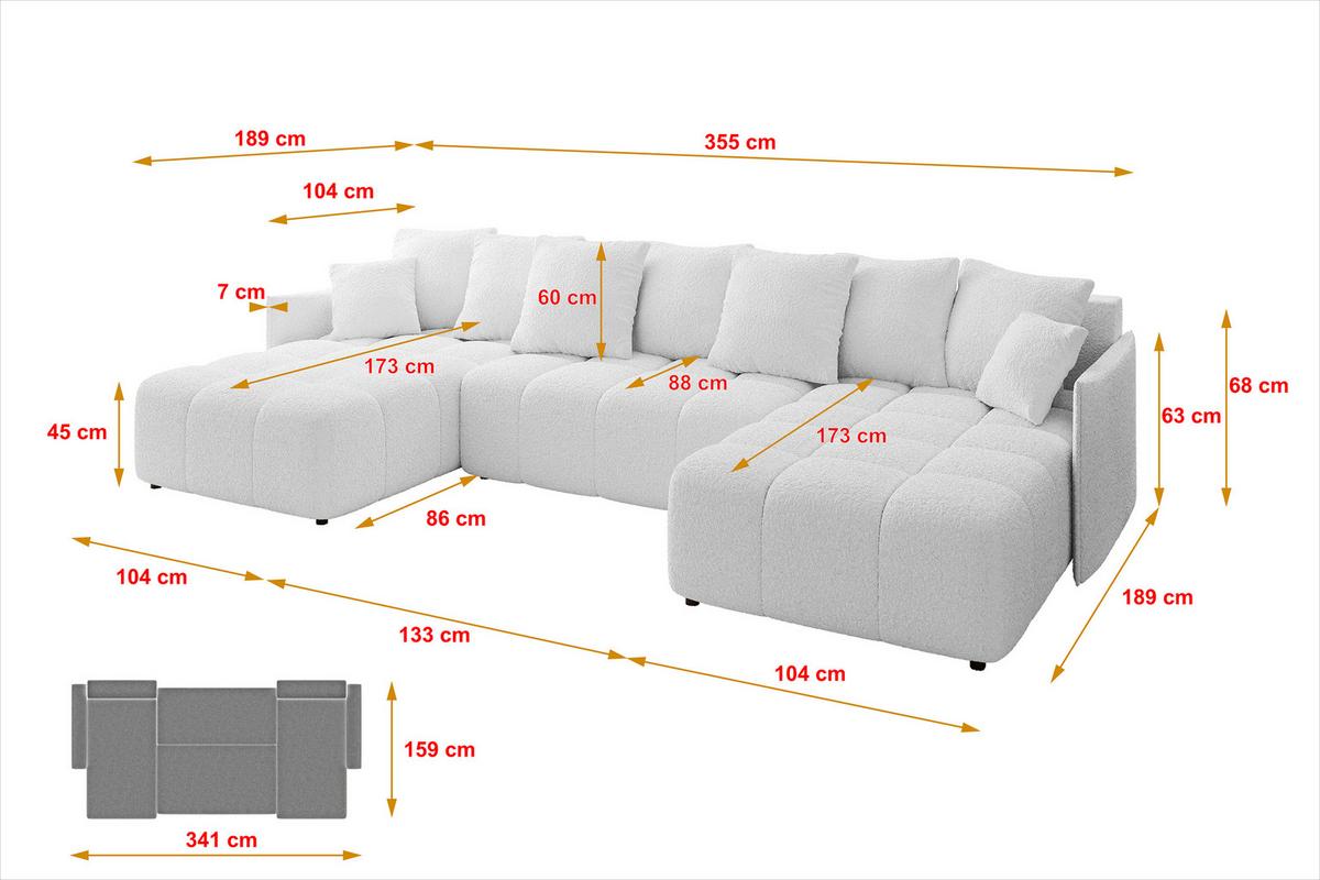 WOHNLANDSCHAFT LONLI-U 355x189x68 Weiß Bouclé - Weiß, Holzwerkstoff/Kunststoff (355/68/189cm) - ALTDECOR
