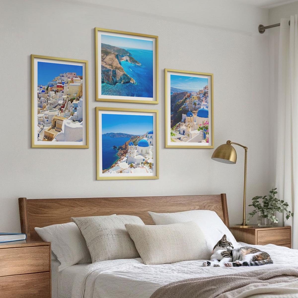 BILDER SET 4er Set - 50x50 cm & 40x60 cm Goldrahmen - Architekturlandschaft Oia Santorin Griechenland - Goldfarben, Kunststoff (50/50cm) - TULUP