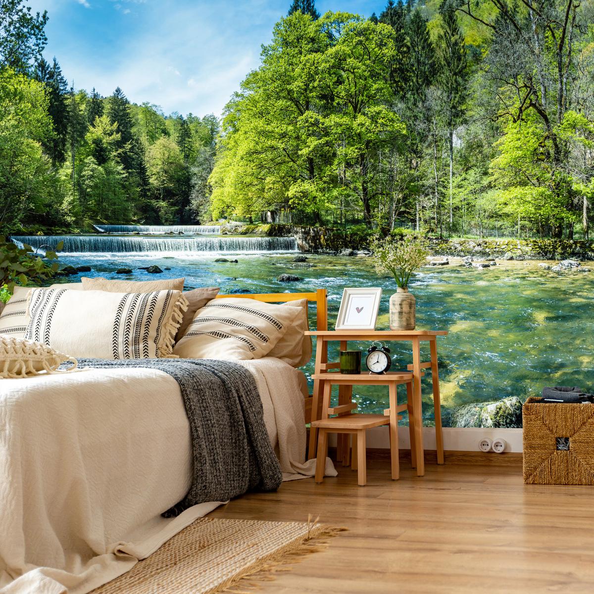 FOTOTAPETE für Wohnzimmer Landschaft Steinerne Fluss Wald Bäum 100x70 - Türkis/Blau, Papier (100/70cm) - Muralo