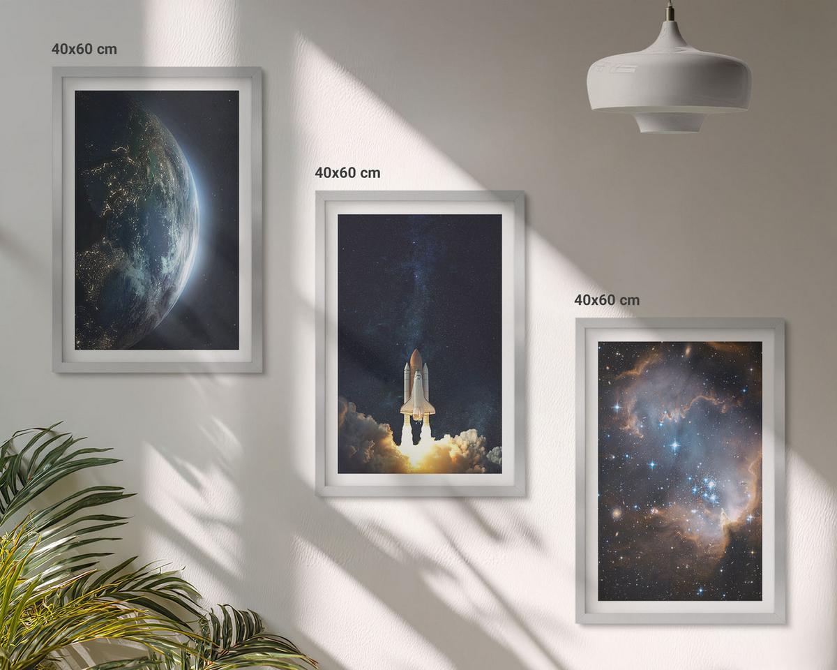 BILDER SET 3er Set - 40x60 cm Silberner Rahmen - Weltraum Erde Rakete Galaxie - Silberfarben, Kunststoff (40/60cm) - TULUP