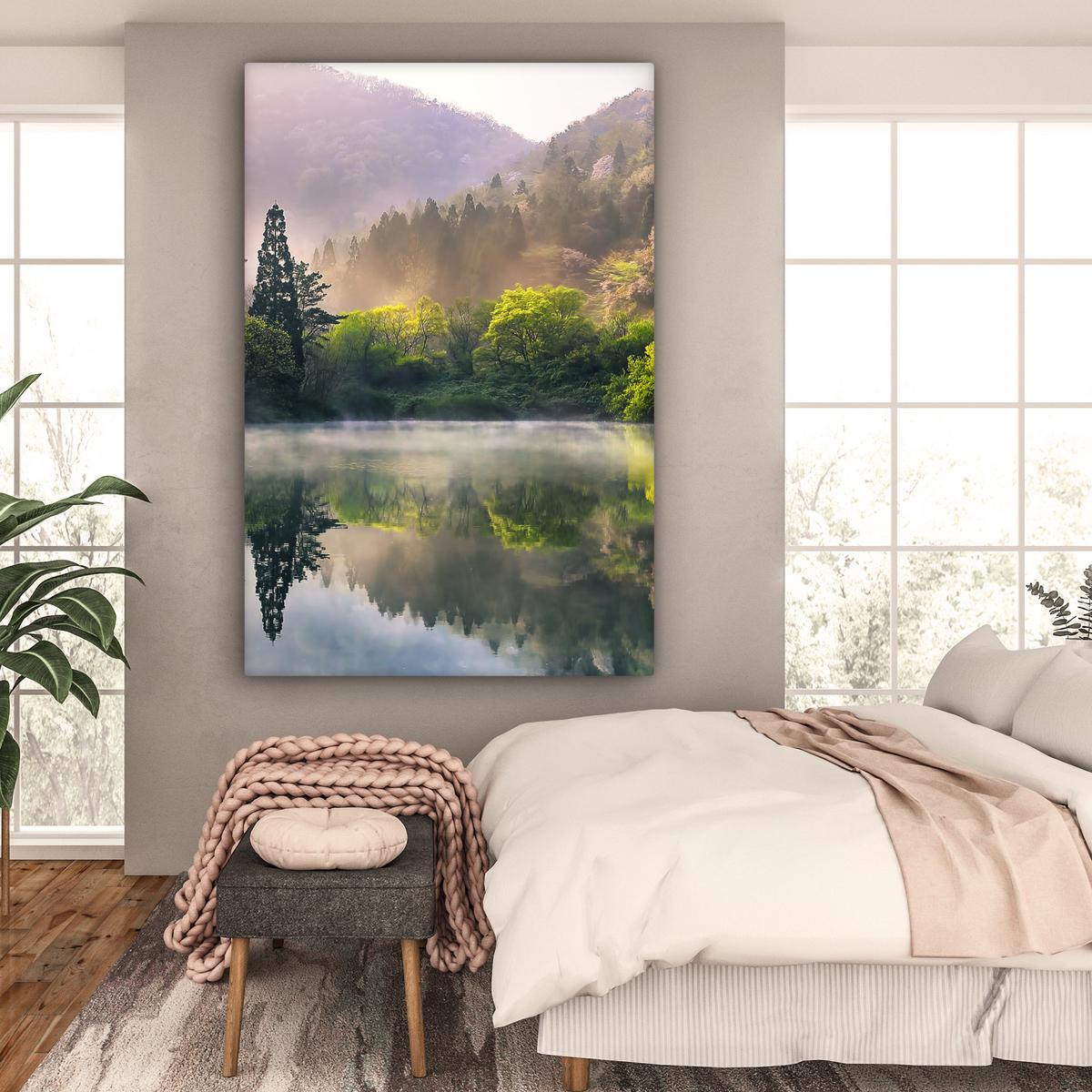 LEINWANDBILD Natur - Bäume - Berge - See - Wasser Deko Groß 90x140 cm - Hellgrün, Textil (90/140cm) - MuchoWow