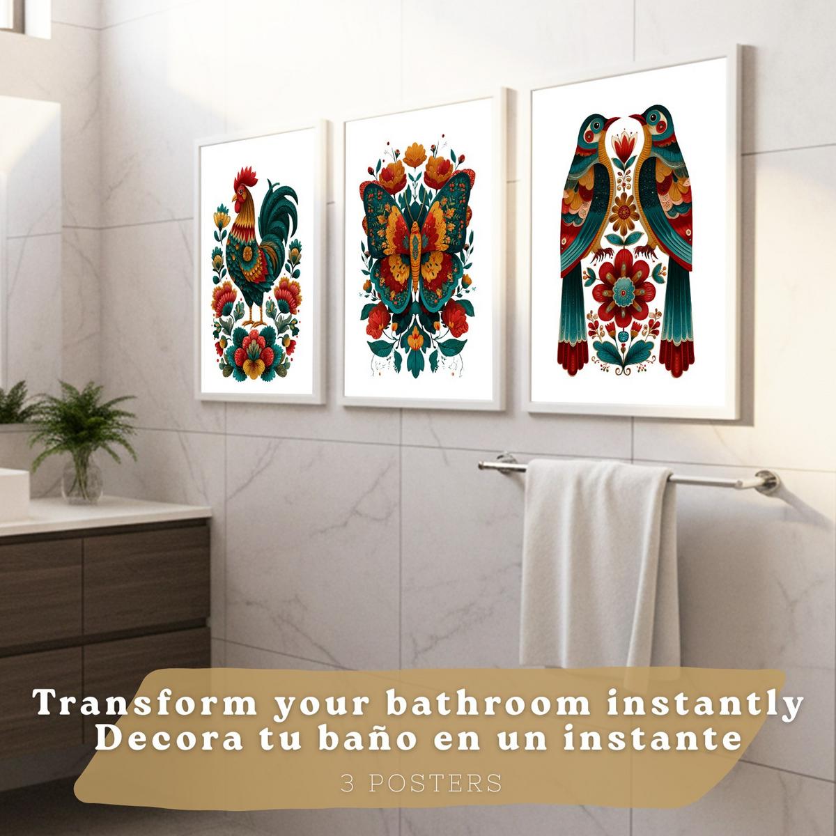 POSTER 3er-Set dekorative Badezimmer-Kunstdrucke, farbenfrohe im Stil der Volkskunst, Toilette mit Hahn, Schmetterling und Vögeln Rahmenlos A3 - Klar, Papier (42/29.7/3cm) - Nacnic