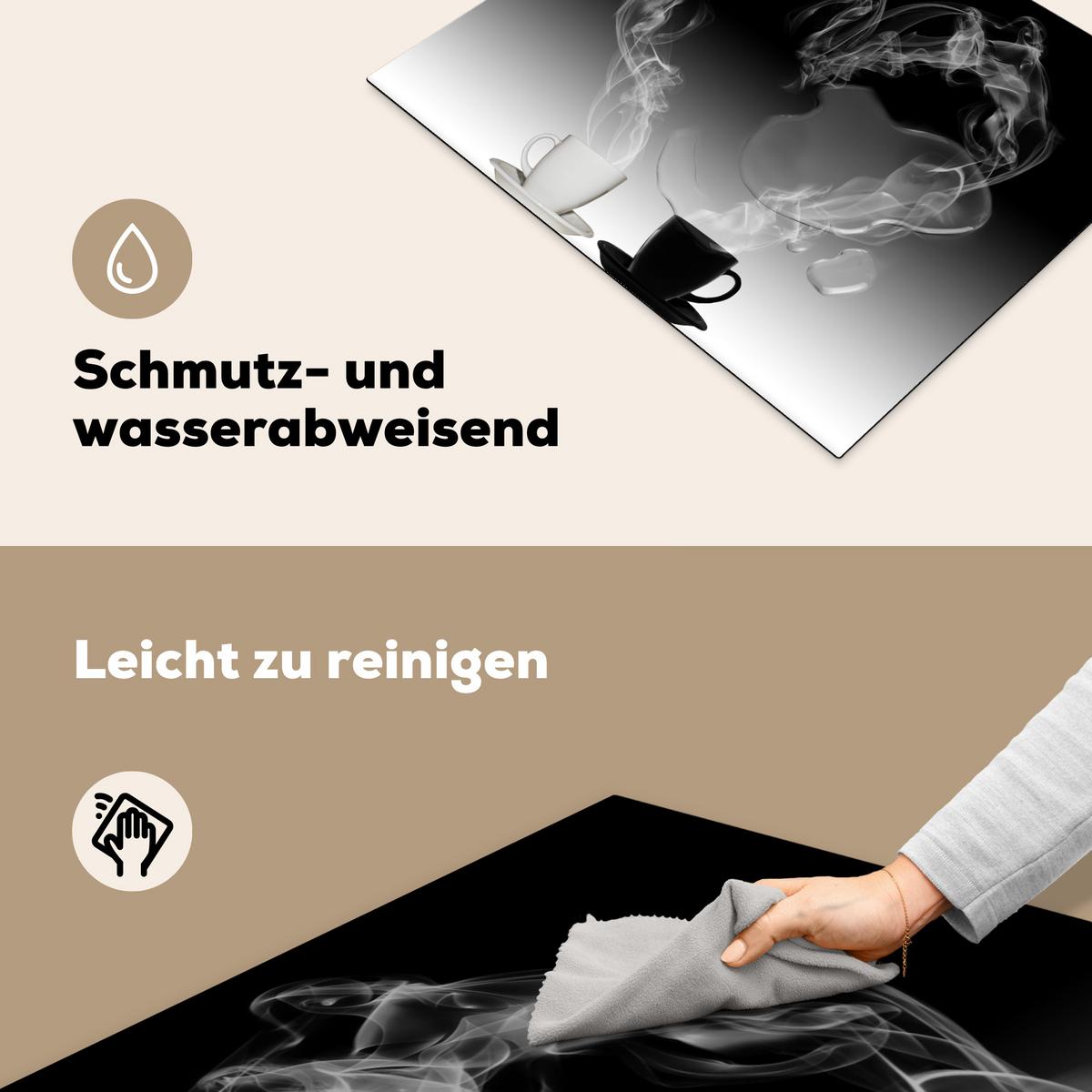 HERDABDECKPLATTE Kaffee - Herz - Schwarz und weiß - Tassen Herdabdeckung Induktionsfeld 65x52 cm - Weiß, Kunststoff (65/52/0.2cm) - MuchoWow