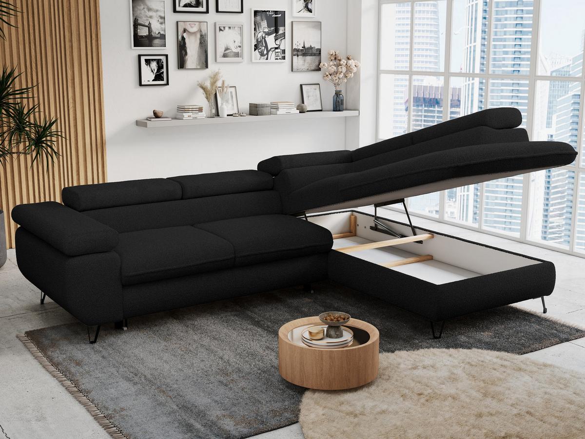 ECKSOFA PETER L Schwarz Boucle - Rechts Seite - Schwarz, Textil/Metall (273/208cm) - MKS