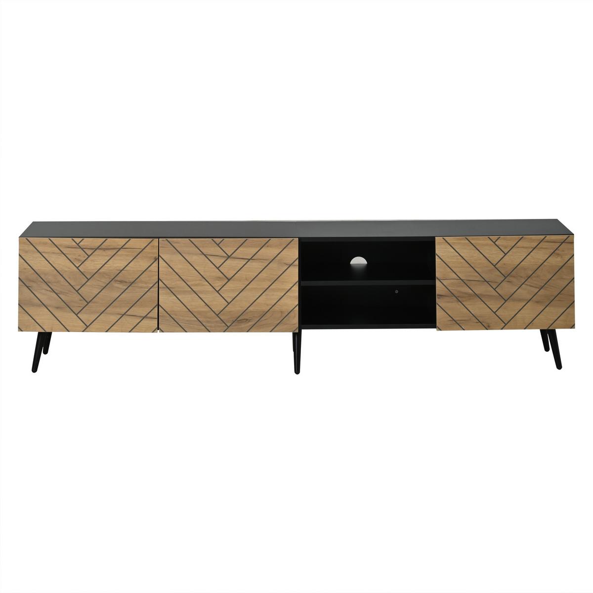 TV-LOWBOARD 180cm Schwarz & Holzoptik für 75 Zoll TV, 3 Türen & Kabelmanagement - Naturfarben, Holzwerkstoff (180/45/33.5cm) - Urban Meuble