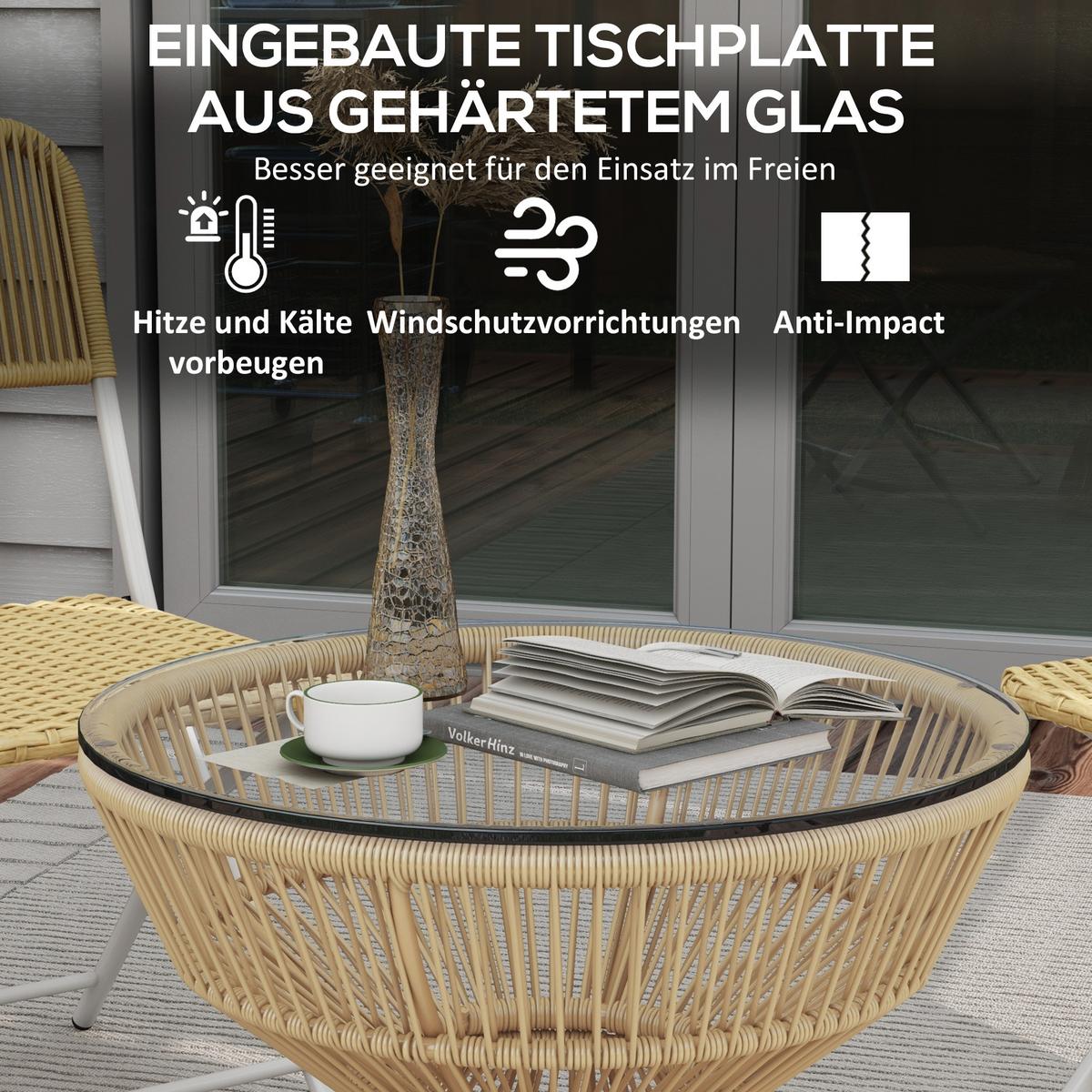 GARTENTISCH, Naturholz, PE Rattan, Hartglas - Braun, Kunststoff (60/60/50cm) - Outsunny