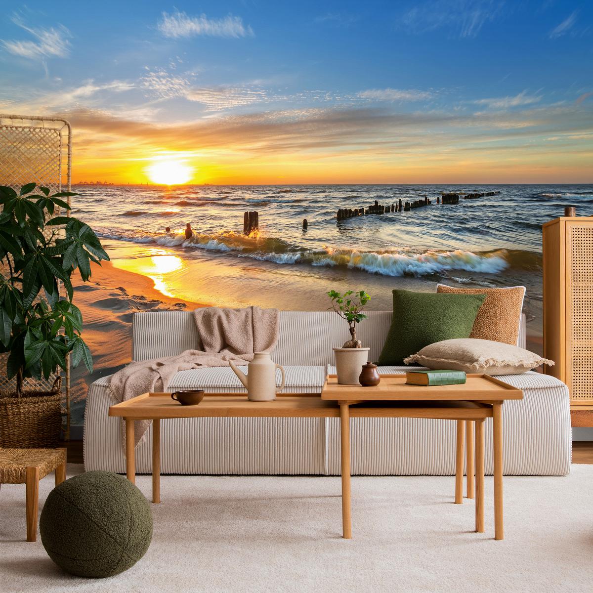 FOTOTAPETE Sonnenuntergang Strand Meer Landschaft 3D 300x210 cm - Beige/Orange, Papier (300/210cm) - Muralo